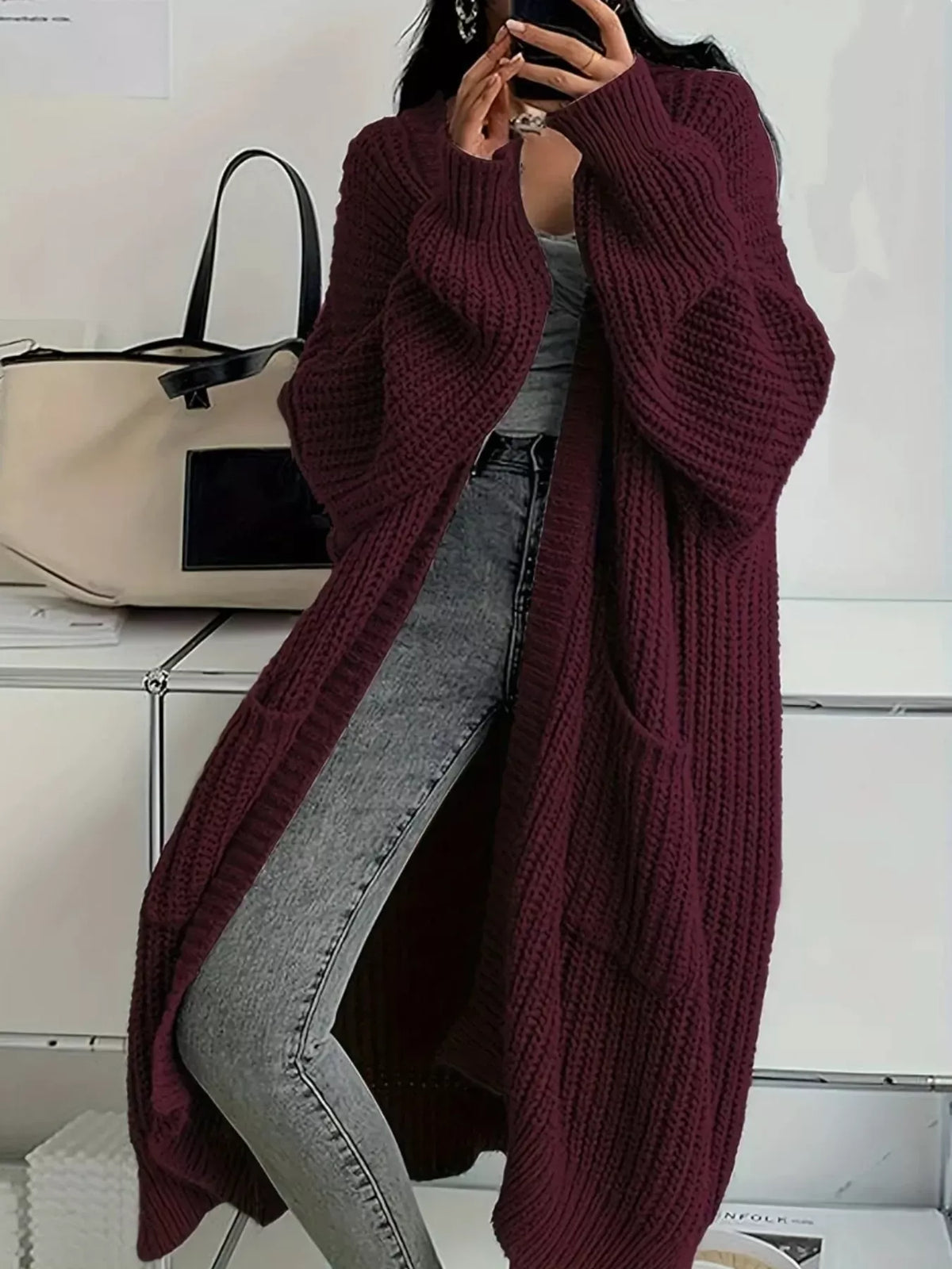 Oversized Openwork Longline Cardigan with Pockets — photo 8