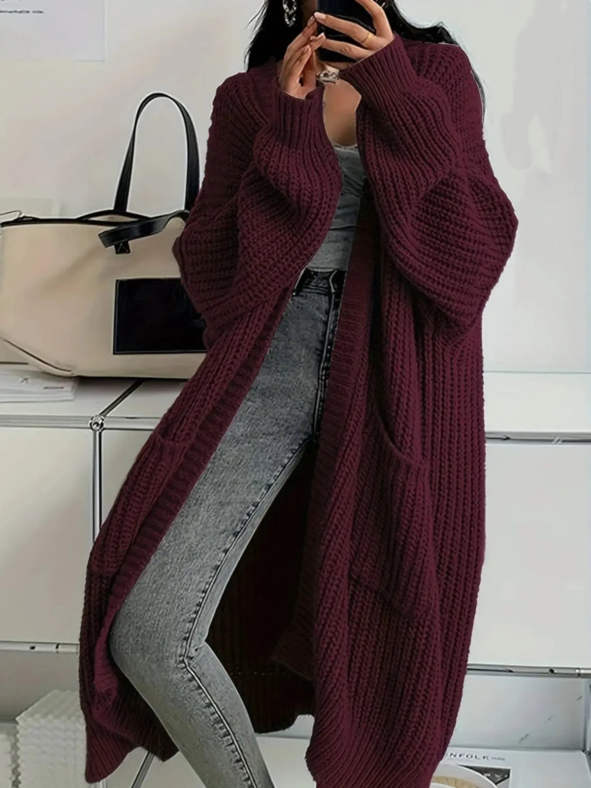 Oversized Openwork Longline Cardigan with Pockets — photo 80