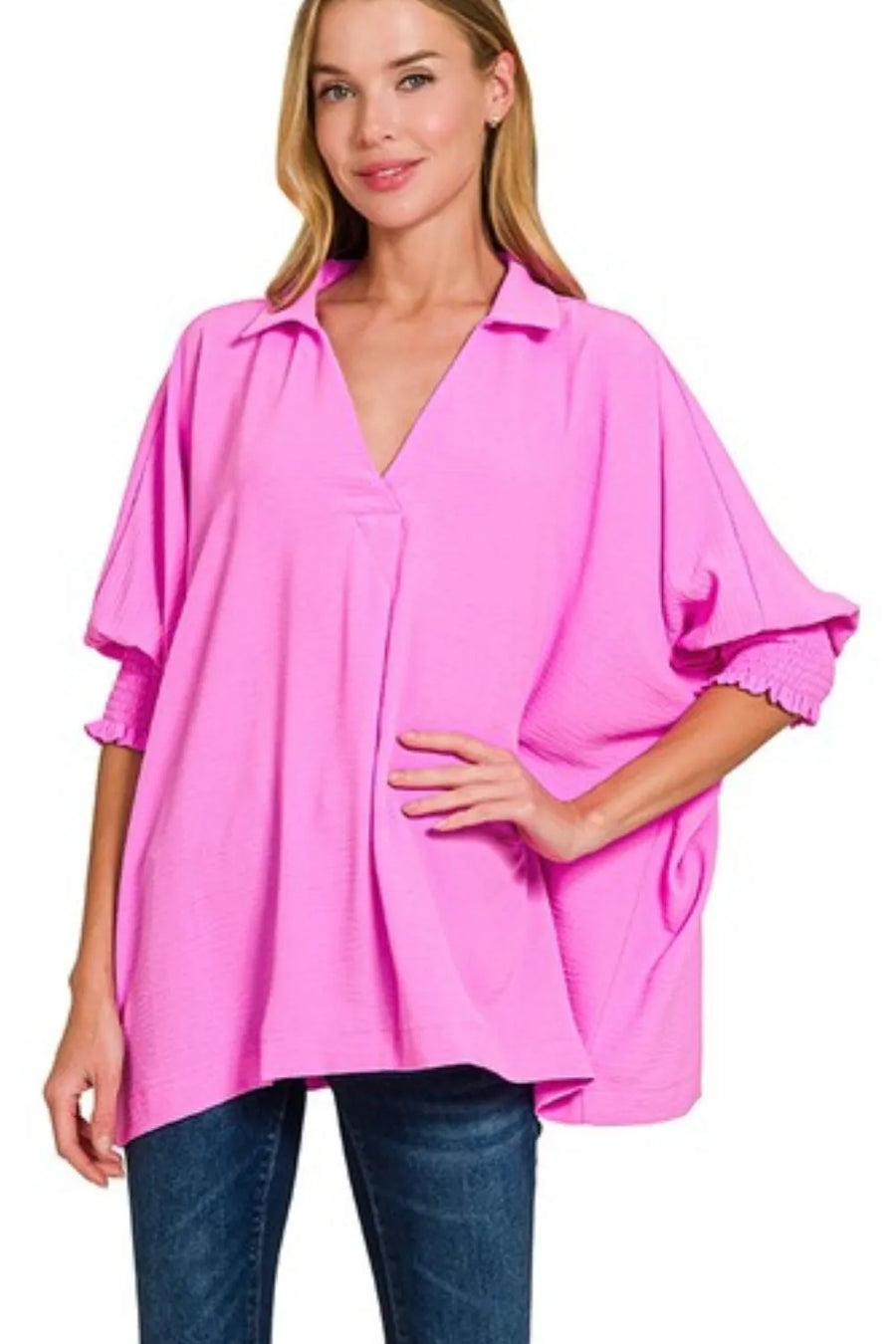 Airflow Collar Tee with Smocked Sleeve Band Top