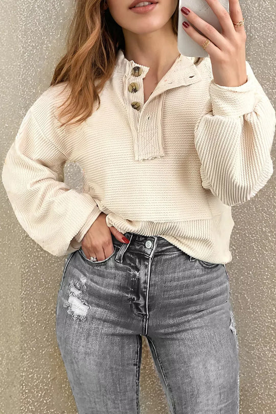 Another view: Corded Waffle Henley Lantern-Sleeve Sweatshirt — Ivory