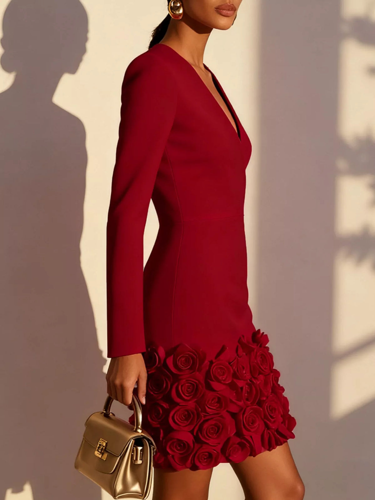 V-Neck Rosette-Hem Mini Dress