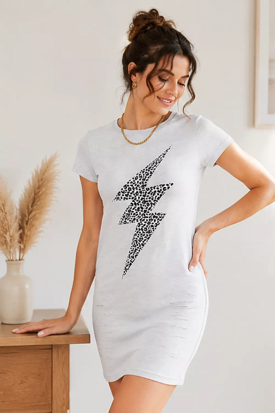 Leopard Lightning Graphic T-Shirt Dress — Light Gray
