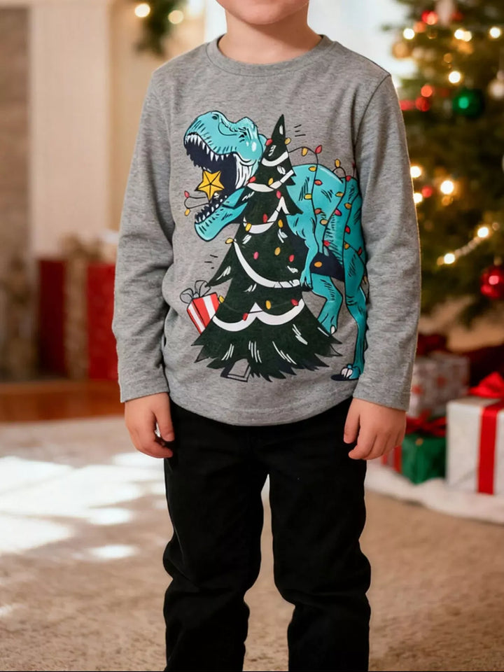 Kids' Dinosaur Christmas-Tree Long-Sleeve T-Shirt – Gray
