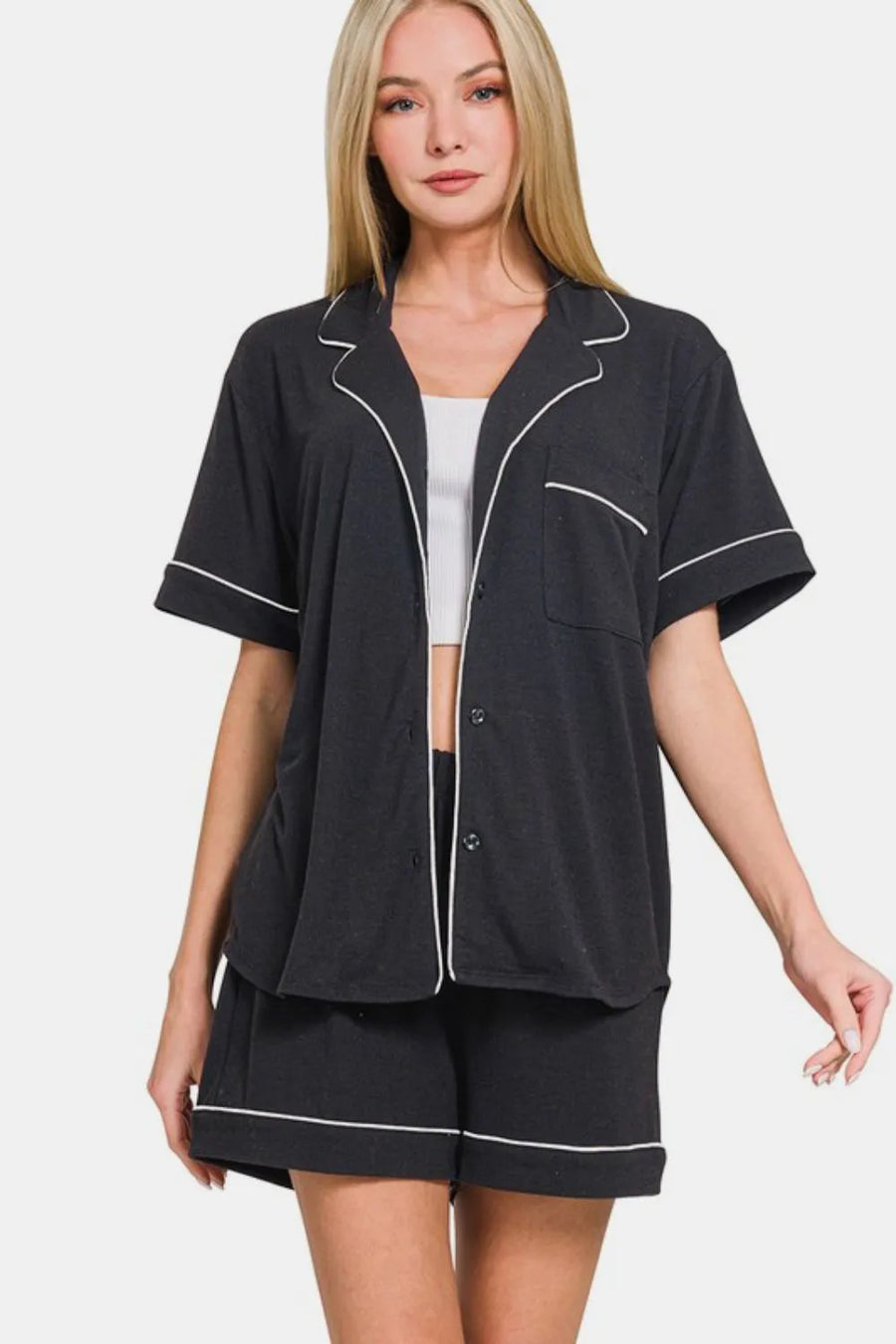 Button Down Short Sleeve Top and Shorts Lounge Set — Black