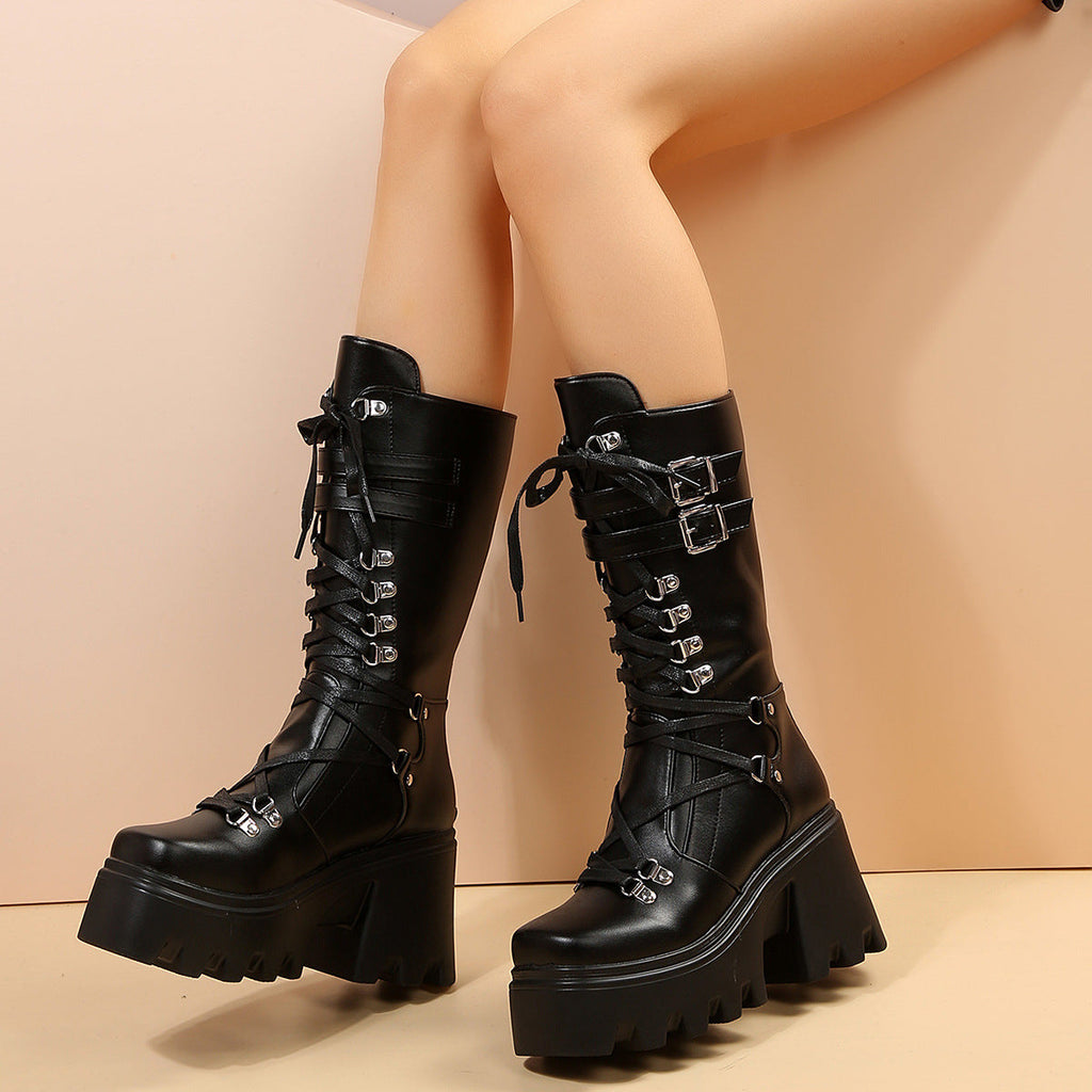 Women's Mid-Calf Casual Leather Boots - Lace-Up Wedge Heel Boots Plus Size