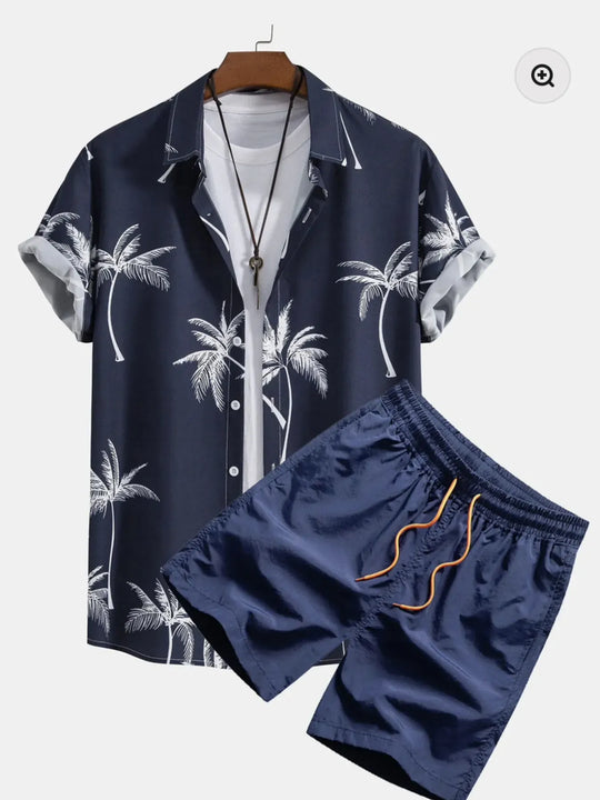 Another view: Men's Palm Tree Print Shirt and Shorts Set