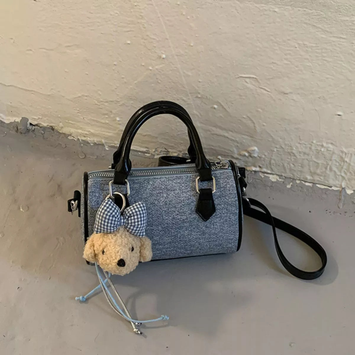 Pastel Blue Denim Barrel Crossbody Bag