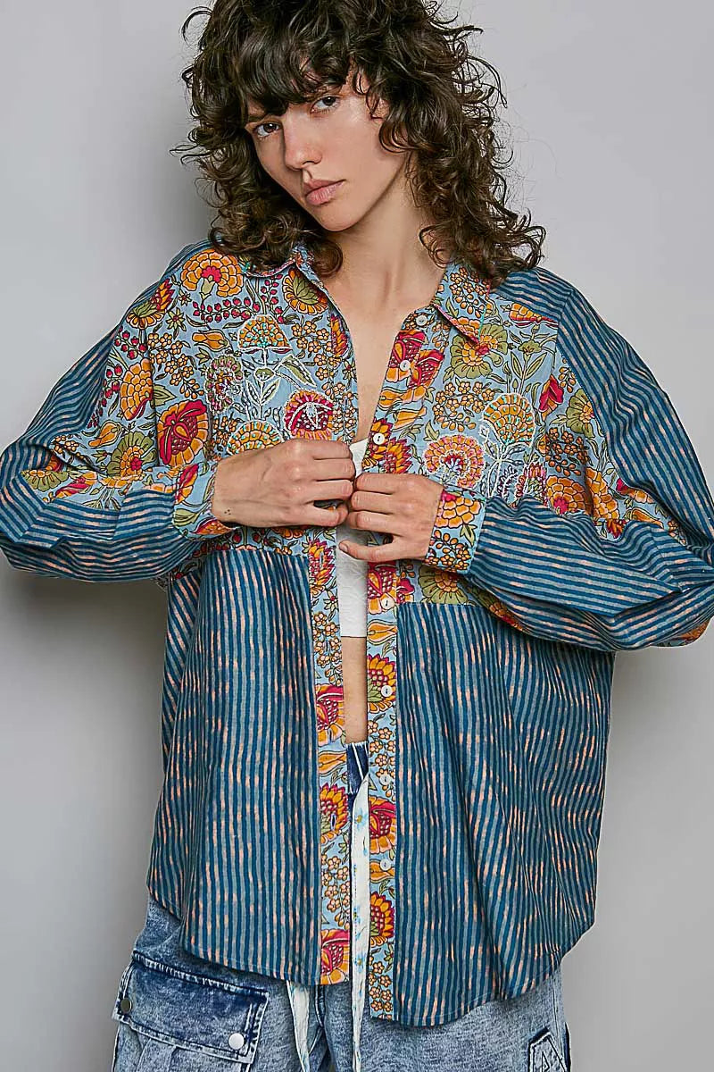 POL Mixed-Print Patchwork Long-Sleeve Shirt
