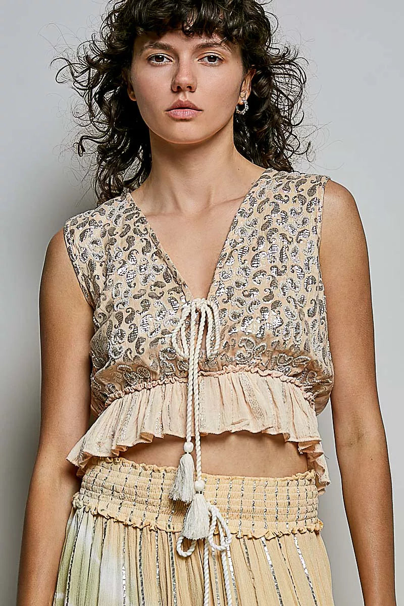 POL Shimmer Tie-Front Ruffle Crop Top