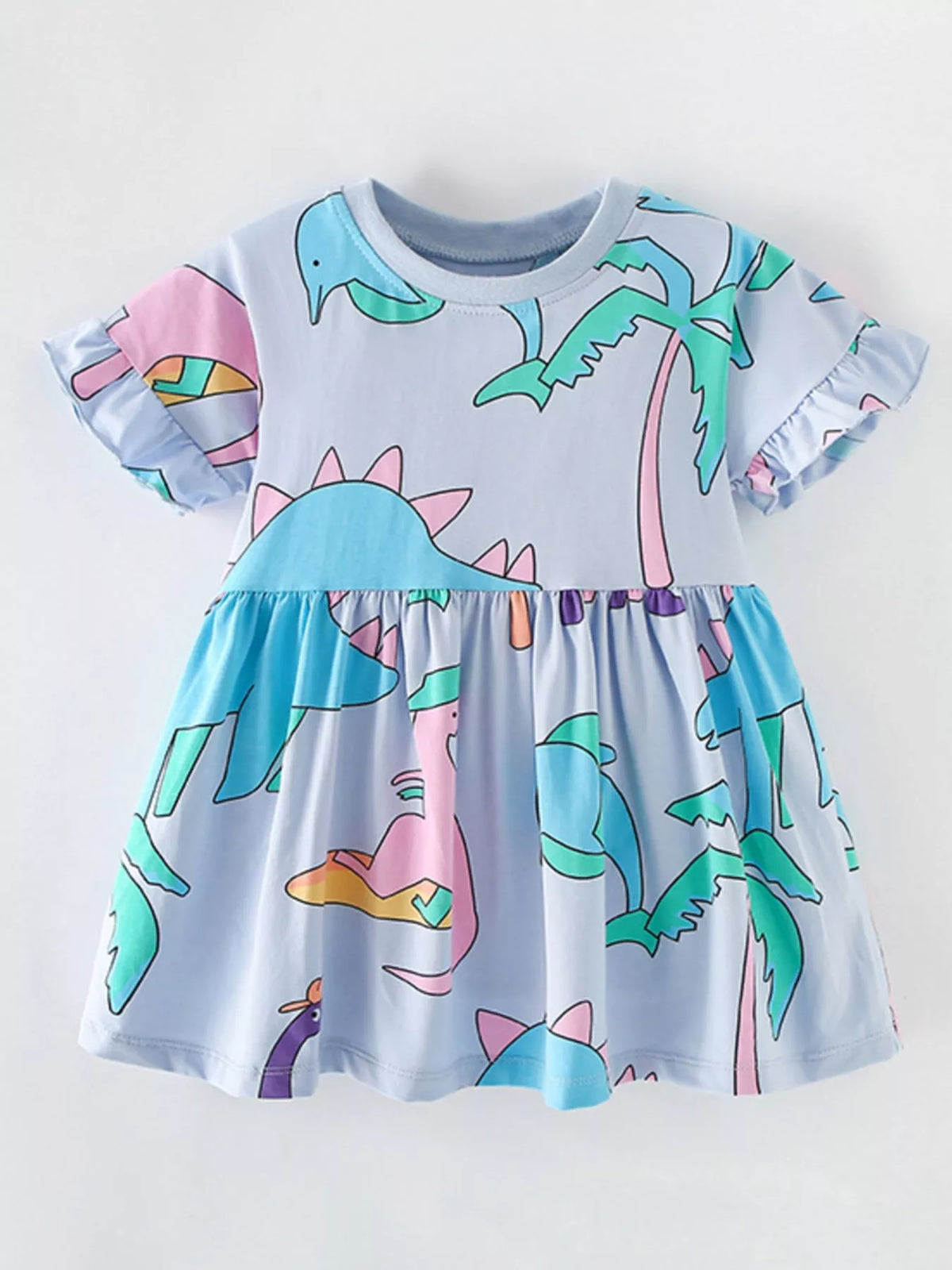 Girls’ Dinosaur-Print Ruffle-Sleeve Dress — Light Blue