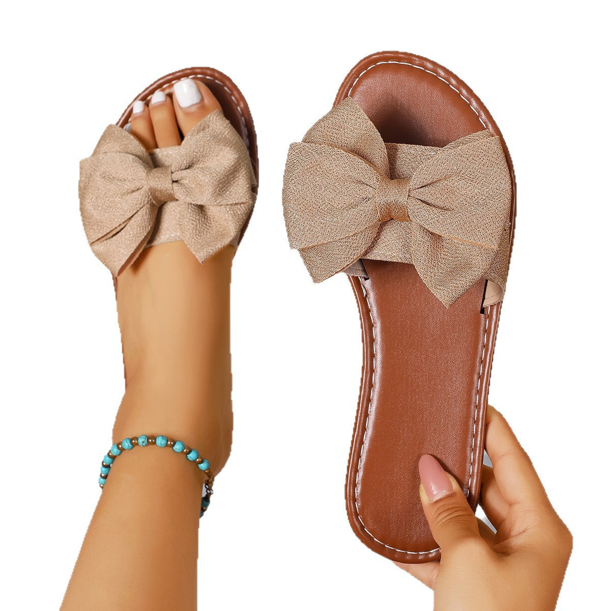 Women's Bow-Tie Fabric Slides - Casual Flat Sandals for Everyday Wear