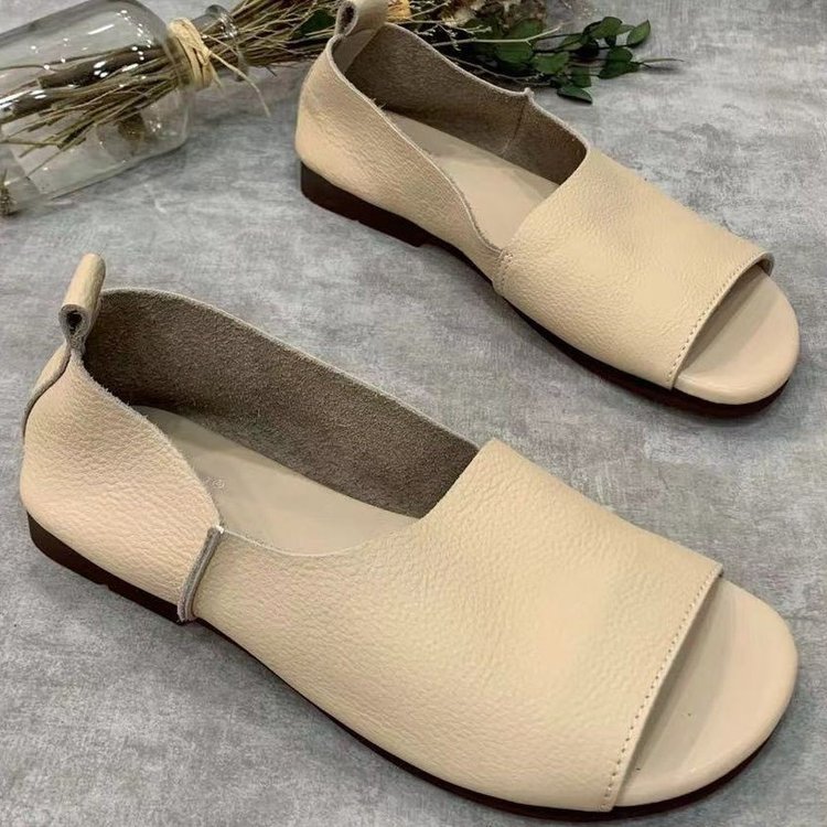 Women's Retro Handmade Soft Leather Open-Toe Sandals | Slip-On Fish-Mouth Shoes with Soft Sole
