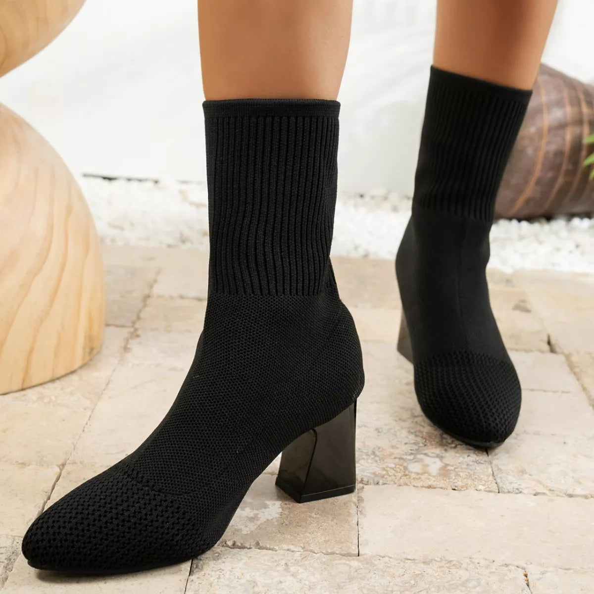 Women's Point Toe Knit Sock Boots | Block Heel Stretch Boots