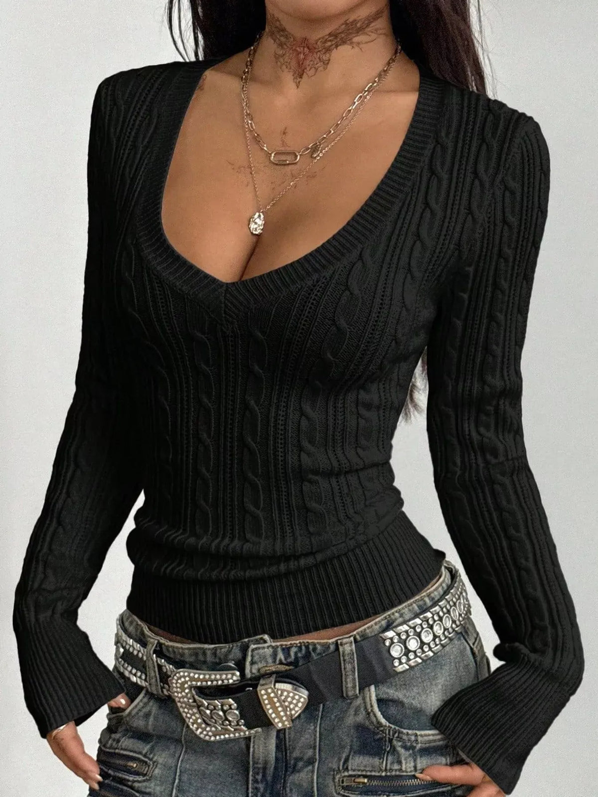 Women's Slim-Fit Cable-Knit Deep V-Neck Sweater — photo 12