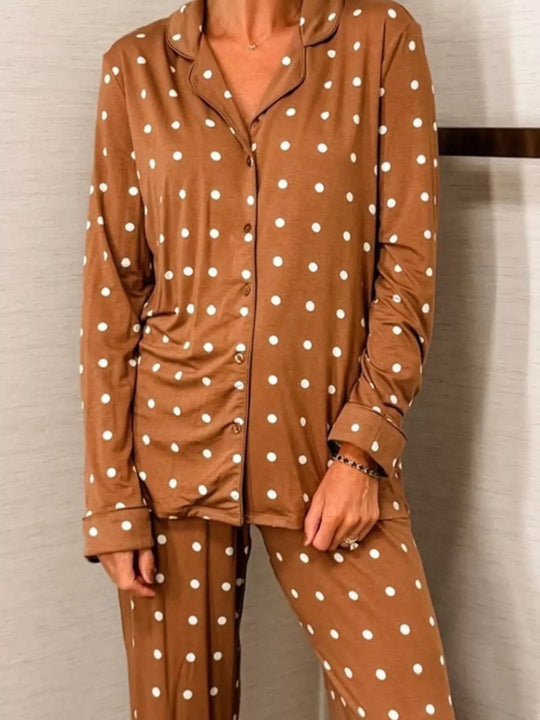 Another view: Polka Dot Button-Down Top and Pants Lounge Set