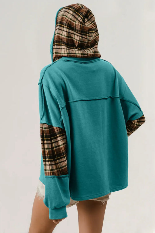 Another view: Plaid Star-Patch Drawstring Hoodie — Teal