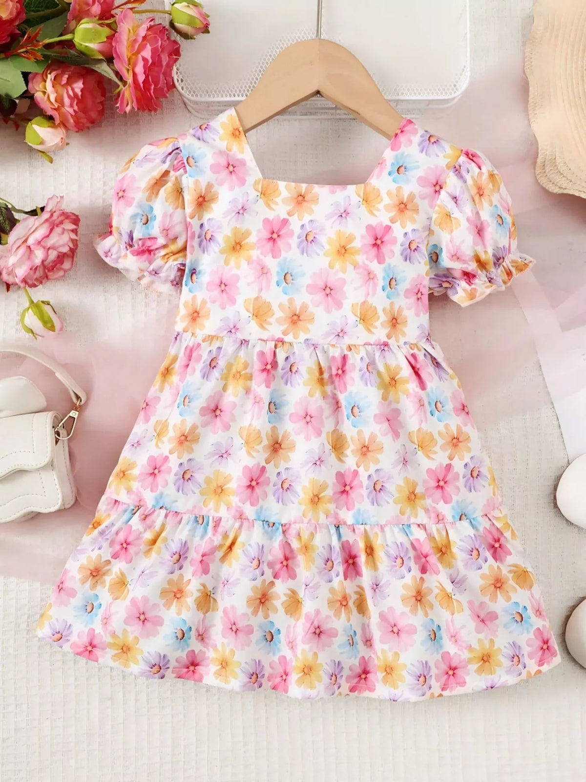 Floral Puff-Sleeve Ruffle-Hem Dress