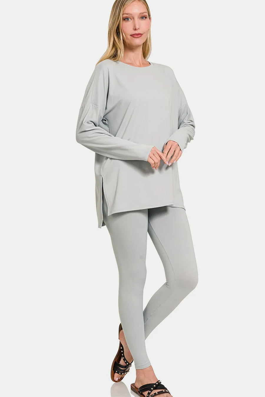 Curve Brushed Microfiber Top and Leggings Lounge Set — Lt Grey