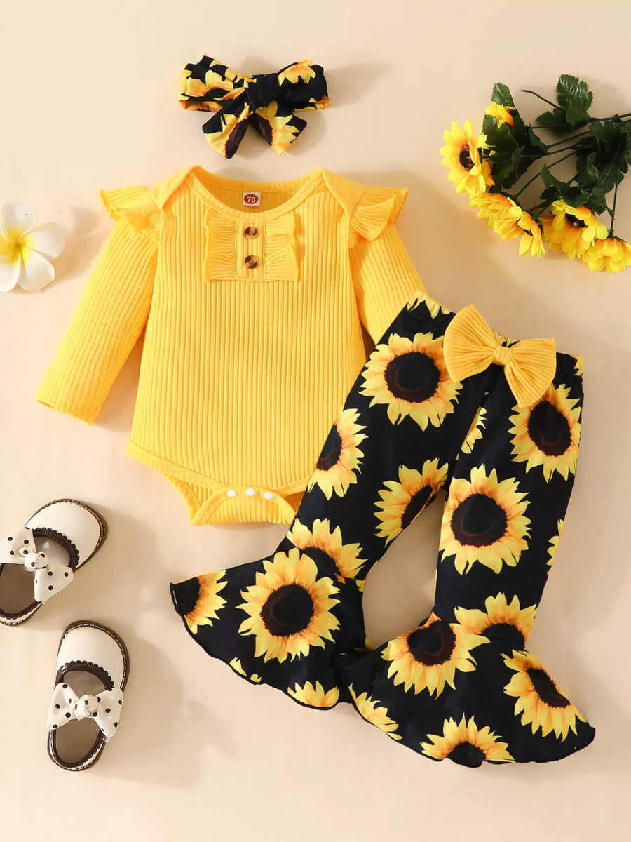 North Star Ruffled Ribbed Top and Sunflower Pants Set
