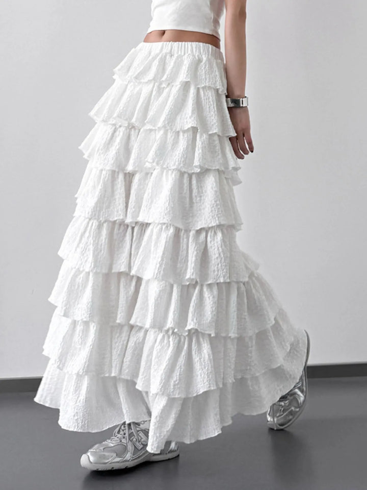 Women's white ruffle-layered cutout skirt