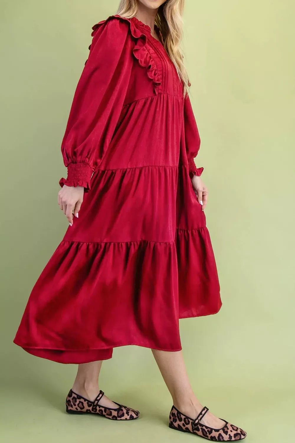 Burgundy Ruffle-Trim Tiered Midi Dress