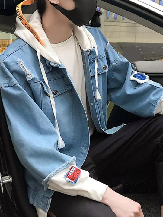 Another view: Men's Full Size Distressed Patchwork Hooded Denim Jacket Plus