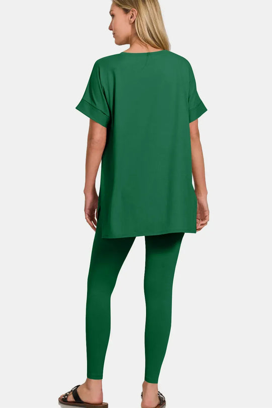 Another view: V-Neck Rolled Short Sleeve T-Shirt and Leggings Lounge Set