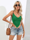 Green cable-knit cowl-neck point-hem tie-back crop top