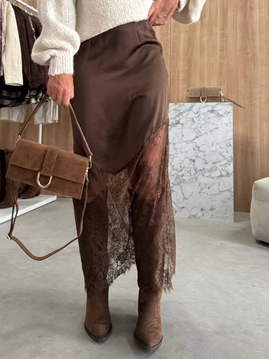 Asymmetrical Lace-Panel Midi Skirt