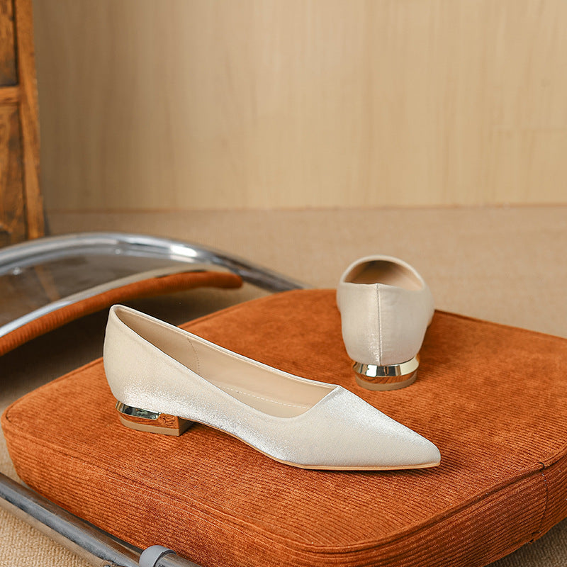 Women's Pointed Toe Chunky Heel Satin Flats – Elegant Slip-On Dress Shoes | Sarah Express