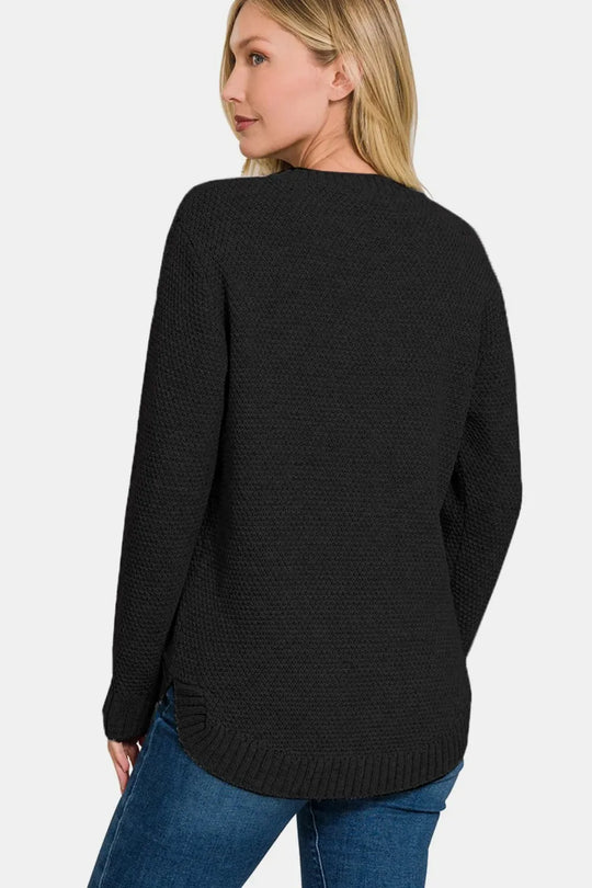 Another view: Curve Round Neck Long Sleeve Curved Hem Sweater