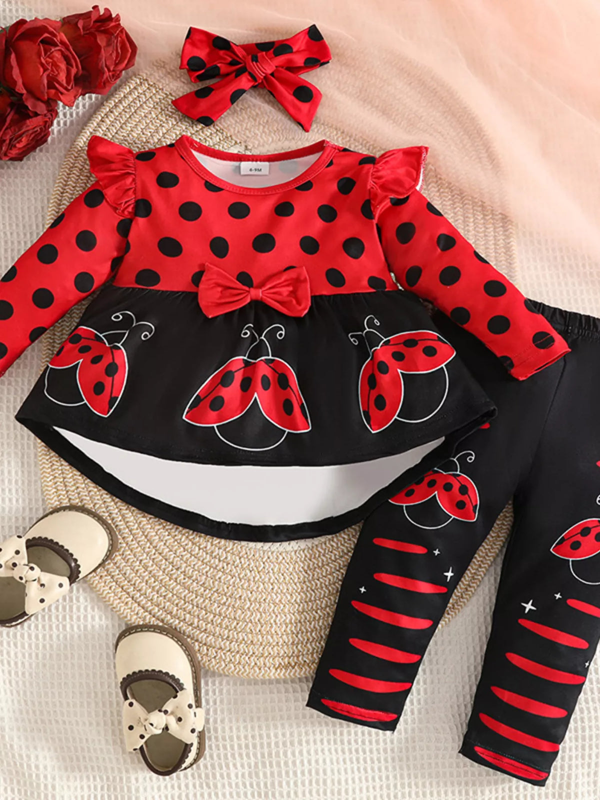 Clover Club Ladybug Polka Dot Ruffle-Trim Top and Pants Set with Headband