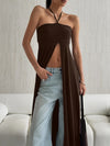 Brown halter-neck high-split longline top