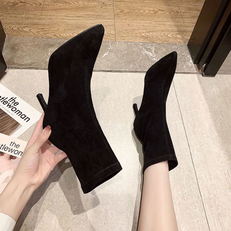 Women's Suede Stiletto Mid-Calf Boots | Slip-On Korean Style | Black | Sarah Express