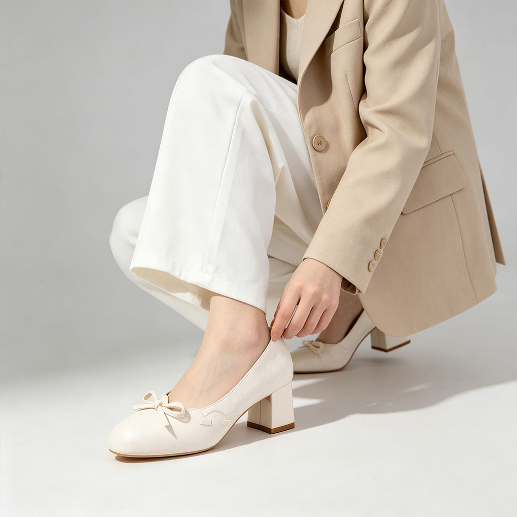 Women's Satin Bow Block Heel Pumps | Ivory Jacquard Slip-On Heels