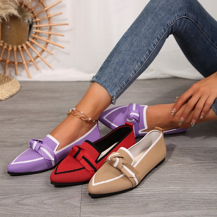 Women's Knitted Mesh Bow-Tie Pointed-Toe Flats - Elegant Low Heel Dress Shoes