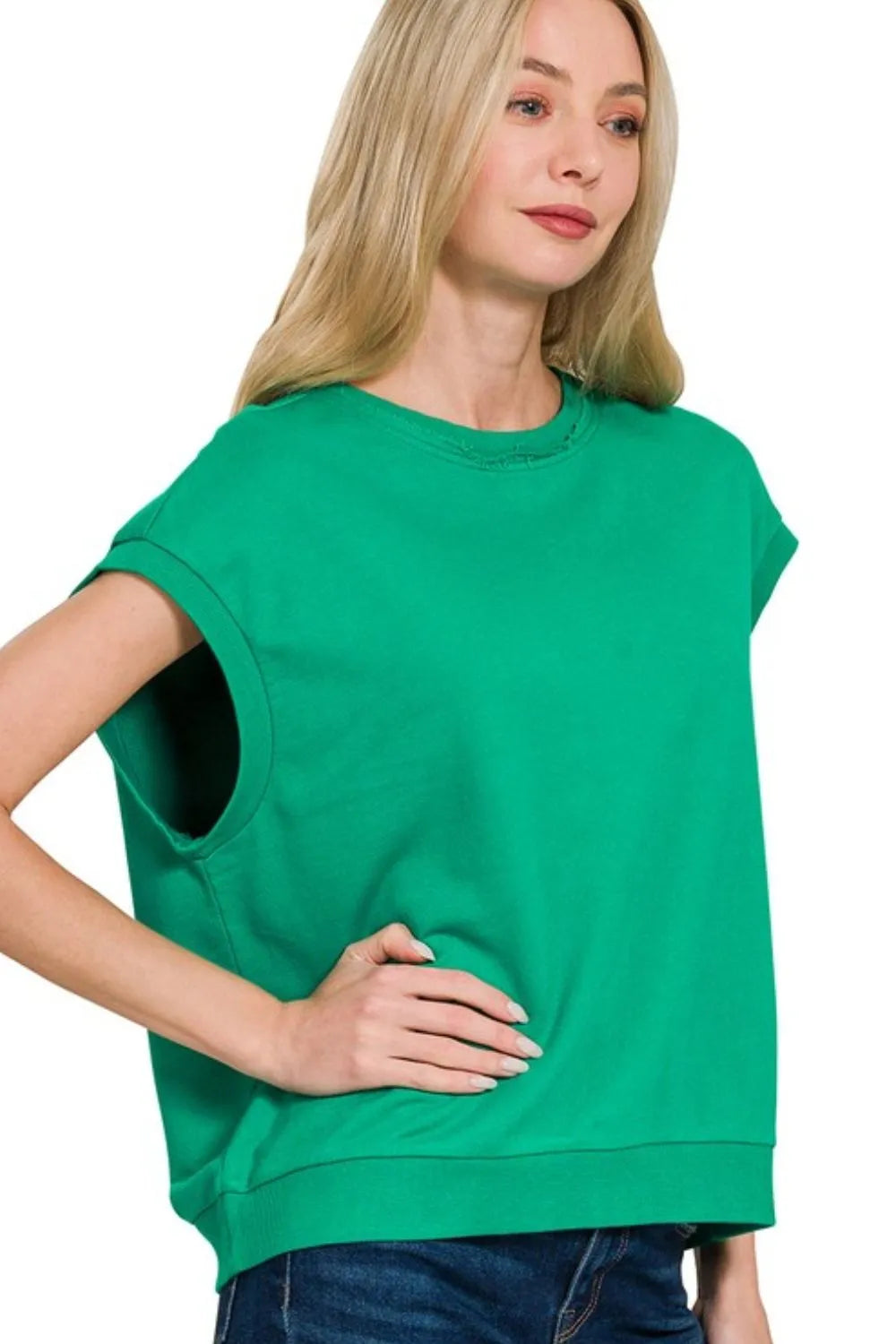 French Terry Round Neck Cap Sleeve T-Shirt