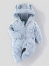 Light-blue plush hooded baby one-piece with ear details and tonal stars.