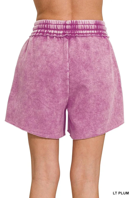 Another view: Acid Wash Fleece Drawstring Shorts with Pockets — LT PLUM
