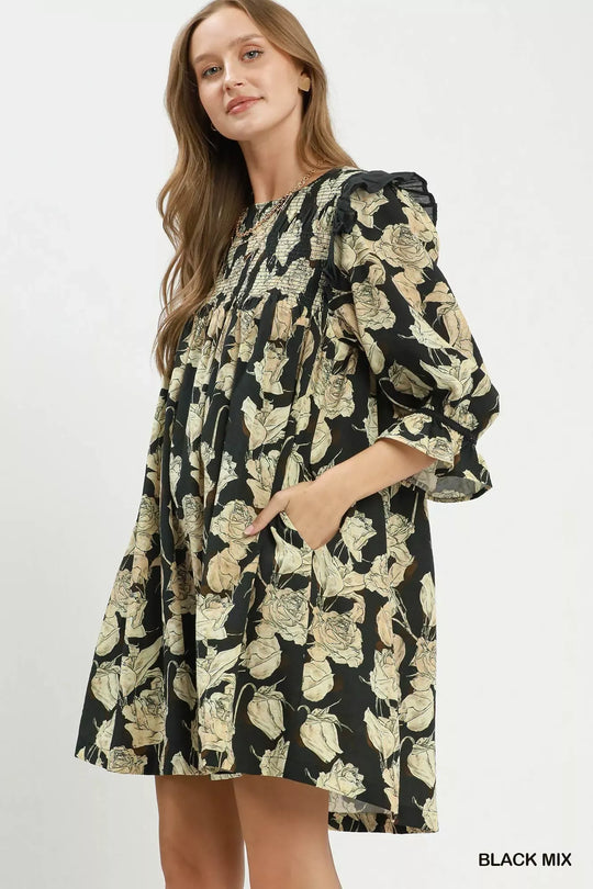 Another view: Umgee Mix Floral Print Smocked Ruffle Detail Flowy Dress