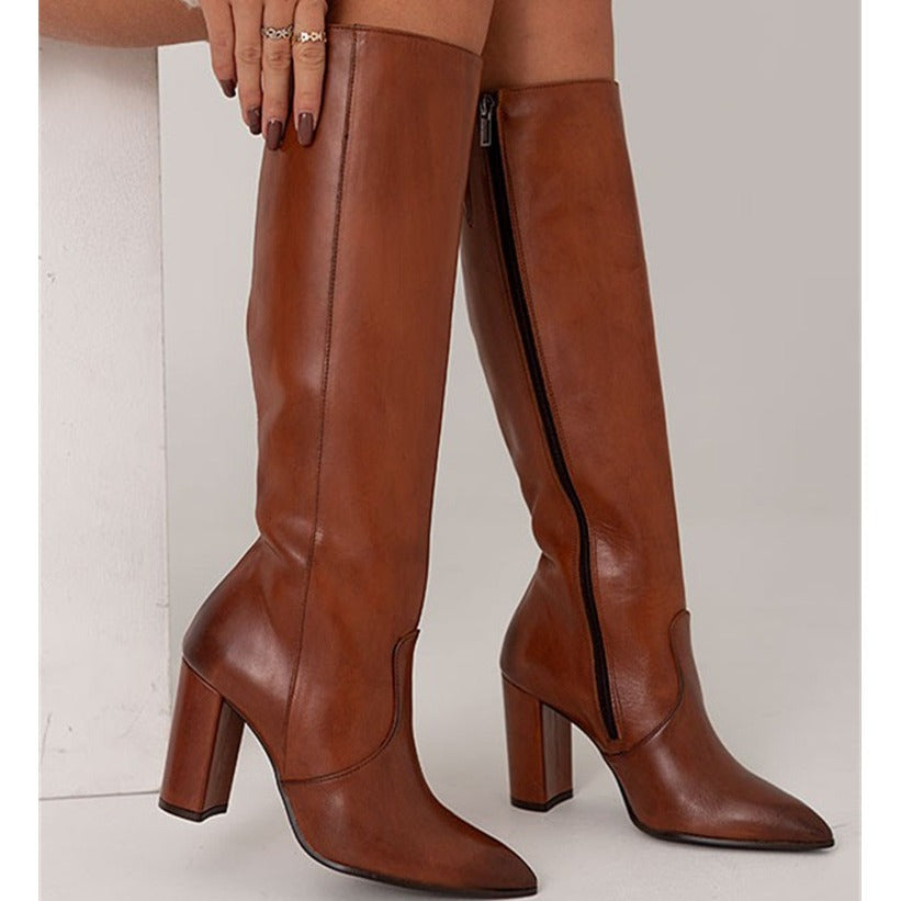 Women's Thigh High Boots – Pointed Toe Chunky Heel Side Zip | Brown & Black | Sizes 34–43