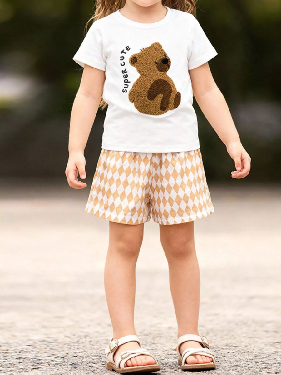 Kids' Bear Graphic Tee & Diamond Shorts Set — Beige