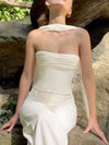White ruched strapless top and chiffon scarf set