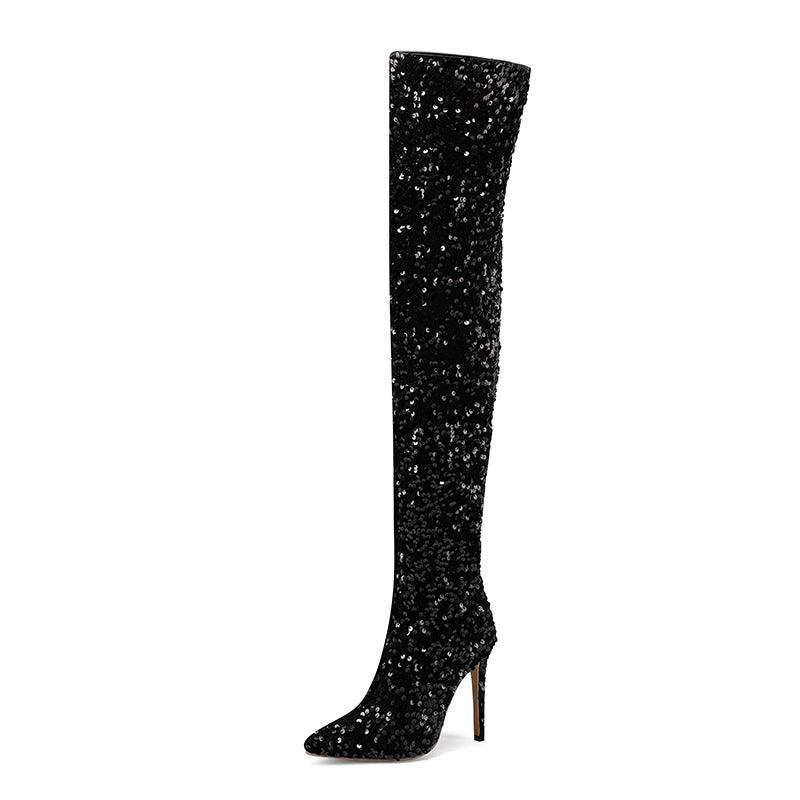 Women's Sequin Over-the-Knee Stiletto Boots – Side Zip Pointed Toe Stiletto Heels