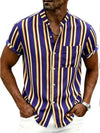 Men’s striped pocketed short-sleeve button-up shirt in navy.