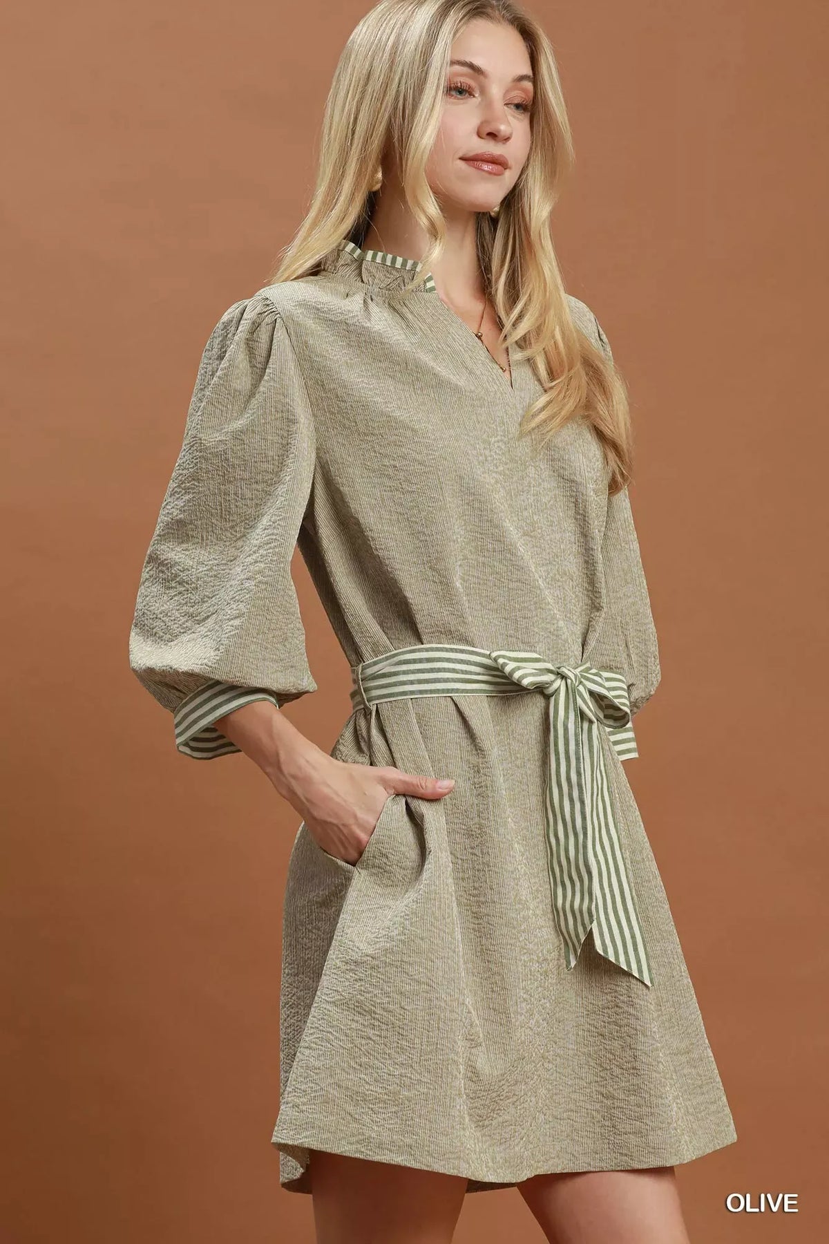 Umgee Textured Contrast Trim Tie Waist Mini Dress — photo 2