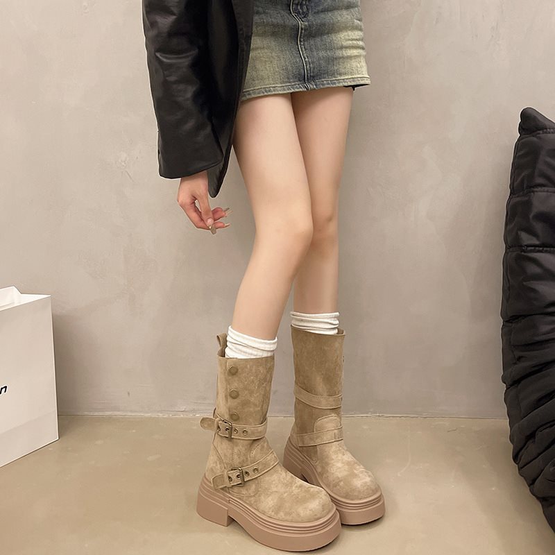 Women's Matte Suede Block Heel Boots – British Style Mid-Calf Slip-On with Thick Non-Slip Sole