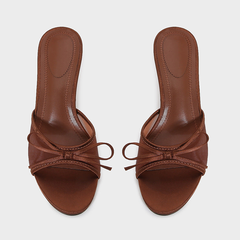 Women's Brown Mesh Bow Sandals - 6cm High Heel Round Toe Slip-On Shoes