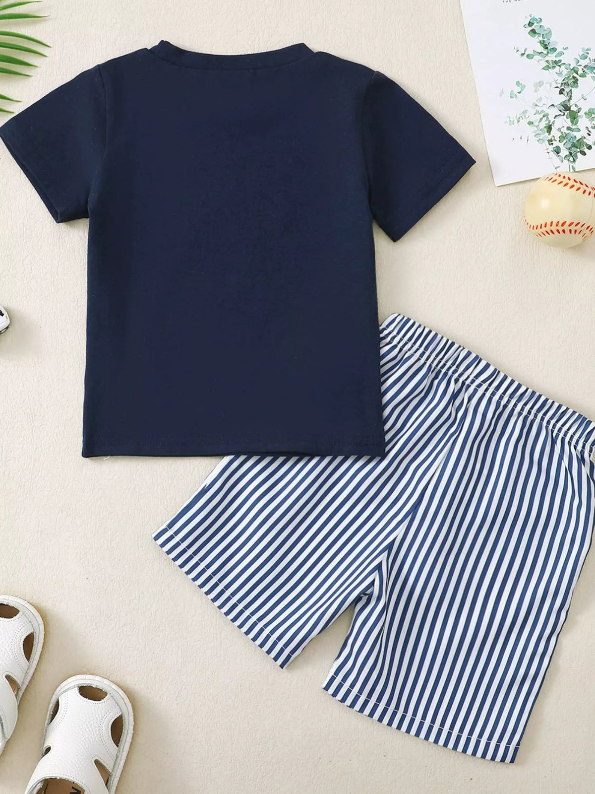 Embroidered Tee & Striped Shorts Set