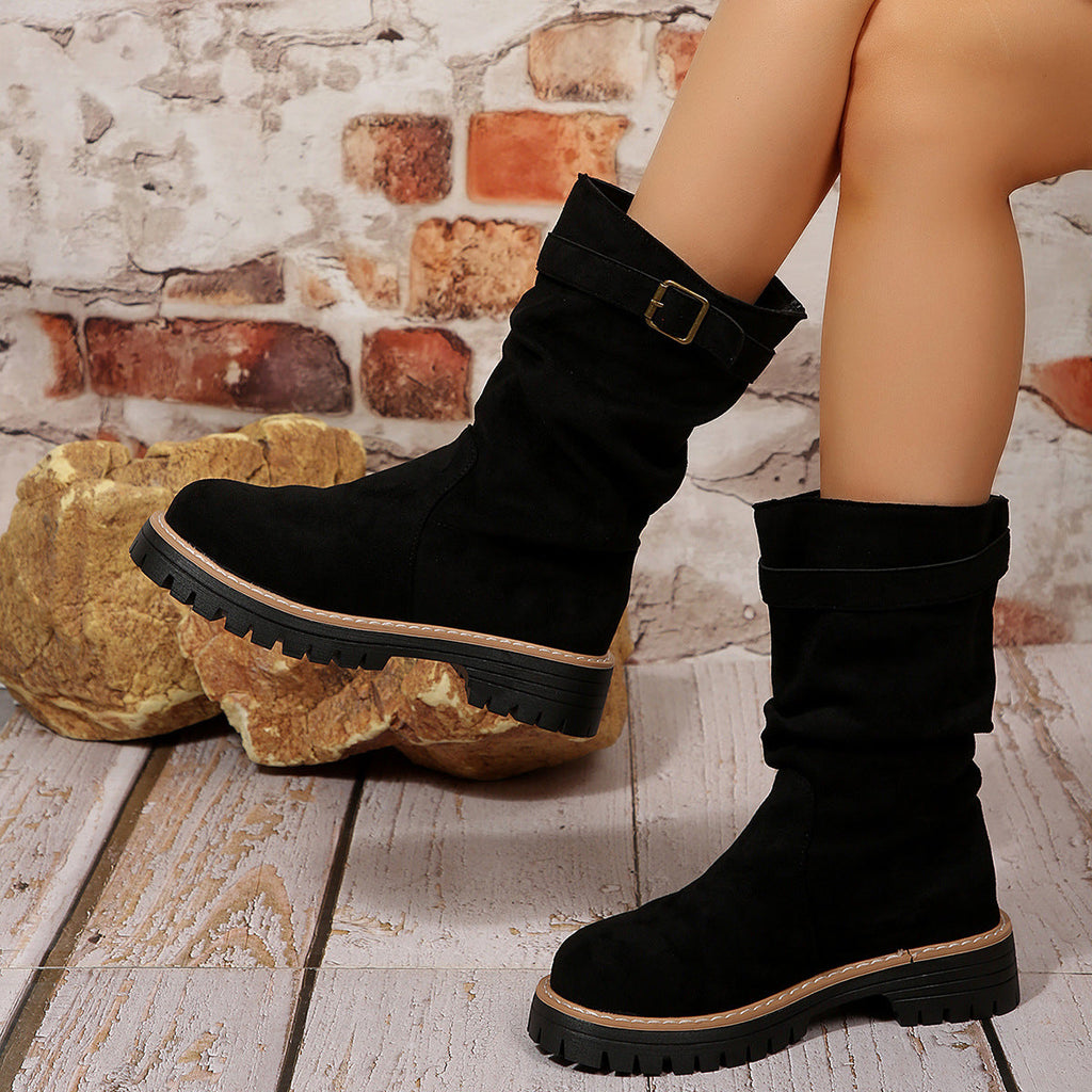 Women's Retro Mid-Calf Riding Boots | Platform Square Heel Slip-On